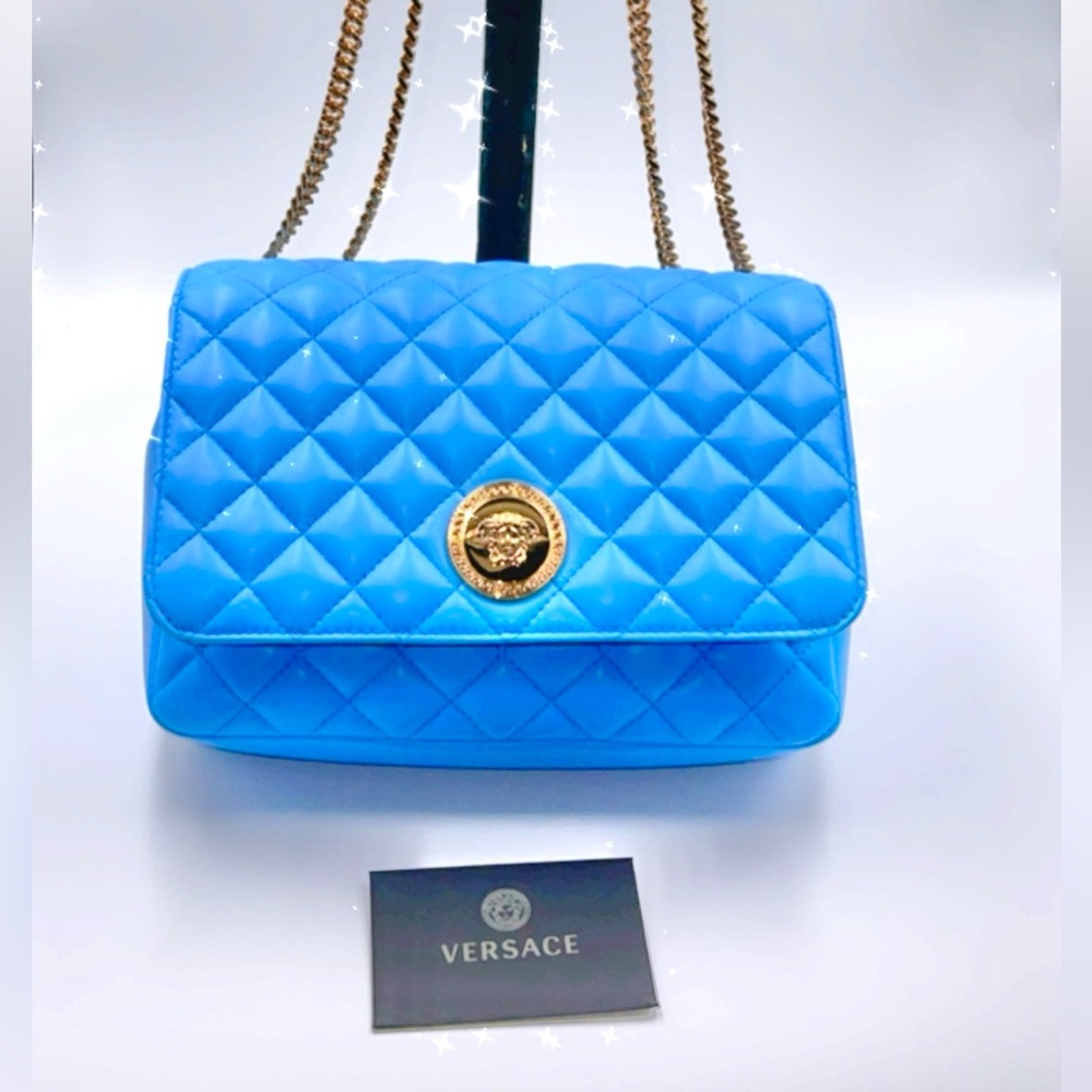 New VERSACE Blue quilted crossbody bag purse